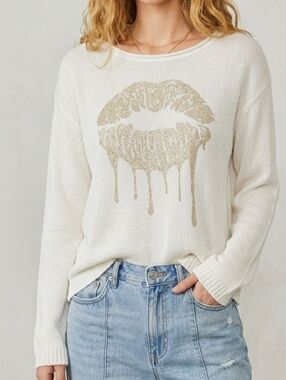 Anthro Wooden Ships Lightweight Coastal Sweater Metallic Gold Lips M/L
